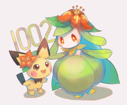 Rule 34 | :d, blush stickers, brown eyes, commentary request, creatures (company), flower, game freak, gen 2 pokemon, gen 5 pokemon, highres, kikuyoshi (tracco), lilligant, nintendo, no humans, open mouth, orange eyes, orange flower, pichu, pokemon, pokemon (creature), signature, smile, standing, toes, tongue