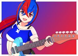 Rule 34 | 1girl, alear (female) (fire emblem), alear (fire emblem), blue eyes, blue hair, blush, crossed bangs, fire emblem, fire emblem engage, guitar, hair between eyes, heterochromia, highres, holding, holding instrument, instrument, long hair, looking at viewer, mgnk33, multicolored hair, nintendo, official alternate costume, open mouth, ponytail, red eyes, red hair, shirt, smile, upper body