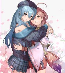 Rule 34 | 2girls, absurdres, ahoge, black headwear, black jacket, blue eyes, blue hair, blue nails, blush, closed mouth, cowboy shot, eredhen, fishnet legwear, fishnets, from side, grin, hair between eyes, hat, highres, hololive, hoshimachi suisei, hug, jacket, jewelry, long hair, long sleeves, looking at viewer, looking to the side, multiple girls, multiple rings, nail polish, off shoulder, one side up, pantyhose, pink hair, plaid, plaid skirt, pleated skirt, red shorts, ring, sakura miko, sakura miko (work), shorts, skirt, smile, virtual youtuber, wide sleeves, wrist cuffs