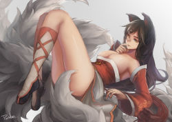 Rule 34 | 1girl, ahri (league of legends), animal ears, black hair, breasts, convenient censoring, detached sleeves, finger in own mouth, fox ears, fox tail, large breasts, league of legends, long hair, looking at viewer, low neckline, multiple tails, sky of morika, solo, tail, yellow eyes
