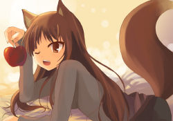 Rule 34 | 00s, 1girl, animal ears, apple, bad id, bad pixiv id, brown hair, chocho (homelessfox), food, fruit, holding, holding food, holding fruit, holo, long hair, lying, one eye closed, solo, spice and wolf, tail, wink, wolf ears, wolf tail