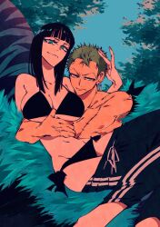 Rule 34 | 1boy, 1girl, archived source, arm between breasts, armband, bad id, bad twitter id, between breasts, black bra, black hair, blue eyes, blunt bangs, bra, breasts, cleavage, commentary, earrings, eyelashes, green eyes, green hair, green nails, hand around waist, hand on another&#039;s head, highres, jewelry, jungle, large breasts, light smile, looking at viewer, looking to the side, medium hair, nature, nico robin, one piece, pants, roronoa zoro, scar, scar on chest, spiked hair, torso, track pants, tree, underwear, v-shaped eyebrows, wl6yugi8go1