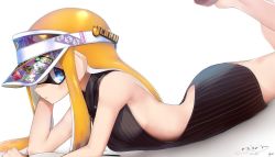 Rule 34 | 1girl, artist name, bad id, bad twitter id, bare shoulders, blue eyes, blush, breasts, cursive, english text, hat, hat pin, highres, inkling, inkling girl, inkling player character, kashu (hizake), long hair, looking at viewer, lying, nintendo, on stomach, orange hair, pointy ears, sandals, shadow, sideboob, sideways glance, signature, simple background, small breasts, solo, splatoon (series), tentacle hair, the pose, thighs, visor cap, watermark, white background