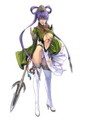 Rule 34 | 1girl, absurdres, boots, breasts, breasts apart, center opening, earrings, full body, hand on own thigh, hand on thigh, headdress, high heel boots, high heels, highres, holding, holding polearm, holding spear, holding weapon, homare (fool&#039;s art), jewelry, kakouchouki, large breasts, lipstick, long hair, long sleeves, looking at viewer, makeup, navel, no bra, official art, polearm, purple eyes, purple hair, sangoku heroes, simple background, solo, spear, standing, thigh boots, thighhighs, twintails, underboob, very long hair, weapon, white background, white footwear, white thighhighs, wide sleeves