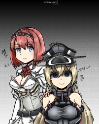 Rule 34 | 2girls, ark royal (kancolle), armor, bismarck (kancolle), blonde hair, blue eyes, blunt bangs, bob cut, breastplate, breasts, cleavage cutout, clothing cutout, commentary, corset, cowboy shot, dated, detached sleeves, empty eyes, english commentary, gradient background, hairband, hand on another&#039;s shoulder, hat, highres, inverted bob, kantai collection, kazaharu matsuhata, medium breasts, military, military hat, military uniform, multiple girls, peaked cap, red hair, red ribbon, ribbon, short hair, sweat, nervous sweating, tiara, twitter username, uniform, upper body, white corset