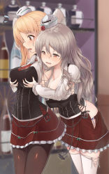 Rule 34 | 10s, 2girls, anchor, arms up, ascot, black shirt, blue panties, blue ribbon, blurry, blush, bottle, breasts, brown legwear, cleavage, covered erect nipples, depth of field, drooling, drunk, eyebrows, eyelashes, flying sweatdrops, frilled skirt, frilled sleeves, frills, from side, grabbing, grabbing another&#039;s breast, grabbing from behind, hair between eyes, hat, heart, heart-shaped pupils, highres, kantai collection, large breasts, leaning forward, long hair, long sleeves, mini hat, multiple girls, nose blush, open clothes, open mouth, open skirt, panties, pantyhose, pola (kancolle), profile, red ascot, red skirt, ribbon, saliva, shelf, shirt, side-tie panties, side slit, silver hair, skirt, standing, symbol-shaped pupils, tareme, thick eyebrows, thighhighs, underwear, urigarasu, very long hair, wavy hair, white hat, white legwear, wine bottle, yuri, zara (kancolle), zettai ryouiki