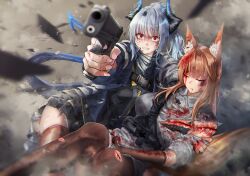 Rule 34 | 2girls, absurdres, aiming, aiming at viewer, animal ear fluff, animal ears, arknights, black bra, black sweater, blood, blood from mouth, blood on clothes, blood on face, blue jacket, bra, breasts, brown gloves, brown hair, brown thighhighs, carrying, carrying person, clenched teeth, closed eyes, collared shirt, debris, deep wound, dragon girl, dragon horns, dragon tail, elbow gloves, electricity, fox ears, fox girl, fox tail, franka (arknights), gloves, grey hair, grey shirt, gun, guro, highres, holding, holding gun, holding weapon, horns, injury, jacket, kuromu, large breasts, liskarm (arknights), long hair, long sleeves, miniskirt, multiple girls, open clothes, open jacket, outdoors, parted lips, ponytail, red eyes, shirt, short sleeves, skirt, smoke, sweater, tail, teeth, thighhighs, torn bra, torn clothes, torn shirt, unconscious, underwear, weapon, wide-eyed, zettai ryouiki