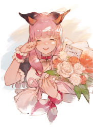 Rule 34 | 1girl, nanashi inc., animal ears, animare, bat ears, blush, bouquet, brown background, closed eyes, collar, collarbone, crying, facing viewer, fangs, flower, highres, holding, holding bouquet, junwool, long hair, open mouth, pink hair, puffy sleeves, red flower, short sleeves, sidelocks, simple background, smile, solo, tears, umori hinako, upper body, virtual youtuber, white flower, wiping tears