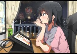 Rule 34 | 1girl, black hair, blue eyes, blush, bottle, chair, desk, drawing tablet, fireworks, from side, indoors, kei (0497), letterboxed, long hair, looking away, monitor, night, night sky, original, parted lips, reflection, short sleeves, sitting, sky, solo, star (sky), starry sky, stylus, window