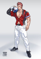 Rule 34 | 1boy, ball, bara, belt, biceps, black belt, blue eyes, blush, bowling ball, bowling glove, brown hair, cross scar, detached sleeves, facial hair, fate/grand order, fate (series), full body, goatee, grin, highres, jacket, large pectorals, long sideburns, looking at viewer, male focus, mature male, midriff peek, monmonhomon, muscular, muscular male, napoleon bonaparte (fate), napoleon bonaparte (fate) (all the way bang), navel, no shirt, official alternate costume, paid reward available, pants, partially unbuttoned, pectoral cleavage, pectorals, red jacket, scar, scar on chest, seductive smile, shoes, short hair, sideburns, single detached sleeve, smile, solo, standing, thick thighs, thighs, white pants