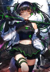 Rule 34 | bike shorts, black hair, brown eyes, crop top, gloves, green hair, gun, headset, highres, idolmaster, idolmaster shiny colors, jacket, long hair, looking at viewer, mayuzumi fuyuko, miniskirt, multicolored hair, navel, open clothes, open jacket, partially fingerless gloves, pleated skirt, rifle, shinishi chiho, short shorts, shorts, single bare shoulder, single thighhigh, skirt, thigh strap, thighhighs, two-tone hair, two side up, weapon, white jacket