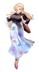 Rule 34 | 1girl, absurdres, belt, blonde hair, blush, breasts, earrings, fang, fang out, floral print, full body, glasses, hair between eyes, high-waist skirt, high heels, highres, jacket, jewelry, large breasts, long hair, long skirt, long sleeves, looking at viewer, mismatched earrings, necklace, nijisanji, nui sociere, nui sociere (4th costume), official alternate costume, open mouth, red footwear, riz3, round eyewear, shirt tucked in, simple background, skin fang, skirt, smile, solo, sweater, upper body, virtual youtuber, white background, yellow eyes