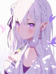 1girl absurdres awz_(a-w-z) bare_shoulders blush braid breasts bug butterfly cleavage crown_braid elf emilia_(re:zero) flower from_side gem green_gemstone hair_flower hair_ornament hair_ribbon highres insect long_hair looking_at_viewer medium_breasts pointy_ears purple_butterfly purple_eyes purple_ribbon re:zero_kara_hajimeru_isekai_seikatsu ribbon rose solo upper_body white_background white_flower white_hair white_rose x_hair_ornament