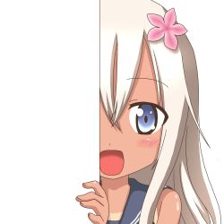 Rule 34 | 10s, 1girl, :d, blue eyes, dark-skinned female, dark skin, flower, flower on head, hair flower, hair ornament, kantai collection, long hair, looking at viewer, nagineko, open mouth, peeking out, ro-500 (kancolle), silver hair, smile, solo, tan, tanline, transparent background