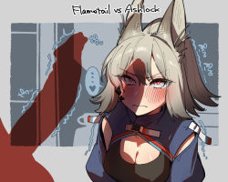 Rule 34 | ..., 2girls, animal ears, arknights, ashlock (arknights), black shirt, blush, breasts, character name, cleavage, closed mouth, flametail (arknights), foreskin, futanari, grey hair, heart, heart-shaped pupils, large penis, looking at penis, material growth, mirin chikuwa, monochrome, multiple girls, oripathy lesion (arknights), penis, penis awe, penis shadow, penis silhouette, ponytail, red eyes, shadow, shirt, silhouette, small breasts, solo focus, speech bubble, spoken ellipsis, spoken heart, spot color, squirrel ears, symbol-shaped pupils, trembling, twitching penis, upper body