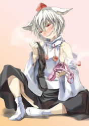 Rule 34 | 1girl, animal ears, bare legs, blush, boots, unworn boots, detached sleeves, eyebrows, halterneck, hat, inubashiri momiji, open mouth, pink background, red eyes, shoes, sitting, skirt, smell, smile, solo, tokin hat, touhou, white hair, wide sleeves, wolf ears, yohane