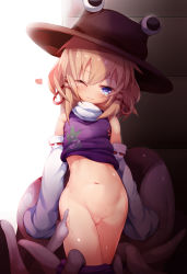 Rule 34 | 1girl, animal print, blonde hair, blue eyes, bottomless, brown hat, clothes pull, commentary request, detached sleeves, frog print, hagure kedama, hair ribbon, hat, heart, highres, looking at viewer, moriya suwako, navel, no pussy, one eye closed, purple skirt, red ribbon, ribbon, ribbon-trimmed sleeves, ribbon trim, skirt, skirt pull, smile, solo, standing, sweat, tentacles, touhou, tress ribbon, turtleneck, vest