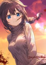 Rule 34 | 1girl, ahoge, alternate costume, black hair, blue eyes, blurry, braid, depth of field, food, gradient sky, hair flaps, hair over shoulder, kantai collection, mouth hold, orange sky, pocky, pocky day, ribbed sweater, shigure (kancolle), single braid, sky, solo, sweater, twitter username, viyoviyo draw, white sweater