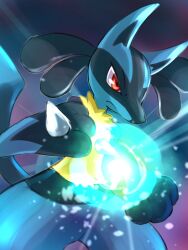 Rule 34 | blurry, blurry foreground, closed mouth, commentary, creatures (company), furry, furry male, game freak, gen 4 pokemon, glowing, holding, kumaoka pon, legs apart, lucario, nintendo, no humans, orb, pokemon, pokemon (creature), red eyes, serious, solo, standing, v-shaped eyebrows