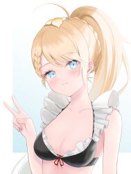 Rule 34 | 1girl, absurdres, bikini, blonde hair, blue eyes, blush, braid, breasts, cleavage, codename696, collarbone, expressionless, french braid, frilled bikini top, front-tie bikini top, front-tie top, g36 (50 days with g36) (girls&#039; frontline), g36 (girls&#039; frontline), girls&#039; frontline, highres, long hair, looking at viewer, medium breasts, official alternate costume, ponytail, simple background, solo, swimsuit, upper body, v