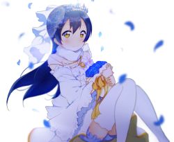 Rule 34 | 1girl, bad id, bad pixiv id, bare shoulders, blue flower, blue hair, bouquet, closed mouth, detached sleeves, dress, earrings, flower, hair ornament, highres, holding, icehotmilktea, jewelry, long hair, looking at viewer, love live!, love live! school idol festival, love live! school idol project, petals, simple background, smile, solo, sonoda umi, thighhighs, tiara, wedding, wedding dress, white background, white thighhighs, yellow eyes