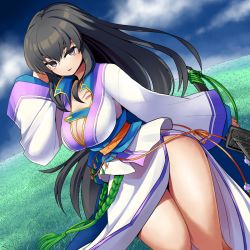 Rule 34 | 1girl, arm up, black hair, breasts, cleavage, feet out of frame, female focus, fire emblem, fire emblem: the blazing blade, fire emblem heroes, grey eyes, highres, kara age, karla (fire emblem), large breasts, lips, long hair, long sleeves, looking at viewer, nintendo, outdoors, sash, side slit, solo, standing, sword, thighs, weapon