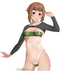 Rule 34 | blush, breasts, brown eyes, brown hair, cameltoe, collarbone, creatures (company), double vertical stripe, game freak, gardenia (pokemon), green one-piece swimsuit, gris swimsuit, headband, highres, himwi, long sleeves, looking at viewer, medium breasts, meme, meme attire, navel, nintendo, one-piece swimsuit, pokemon, pokemon dppt, see-through, see-through swimsuit, short hair, smile, swimsuit, thighs, underboob