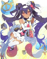 Rule 34 | + +, 1girl, bare shoulders, bright pupils, collared dress, commentary request, cube, cygames, dark-skinned female, dark skin, detached sleeves, double bun, dress, elbow gloves, eye print, flower, frilled skirt, frills, full body, gloves, glowing, glowing petals, hair between eyes, hair bun, hand on own cheek, hand on own face, headband, highres, light smile, long hair, looking at viewer, nephtim (world flipper), petals, purple hair, red eyes, shibainu, simple background, skirt, solo, tan, thighhighs, twintails, very long hair, white thighhighs, world flipper