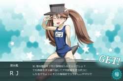 Rule 34 | 10s, 1girl, brown eyes, brown hair, iwatobi hiro, kantai collection, one-piece swimsuit, personification, ryuujou (kancolle), school swimsuit, solo, swimsuit, twintails, v