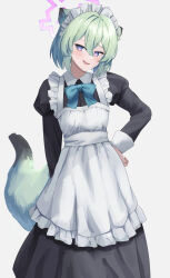 Rule 34 | 1girl, absurdres, alternate costume, animal ears, apron, aqua bow, aqua bowtie, blue archive, blush, bow, bowtie, enmaided, frilled apron, frills, green tail, halo, hand on own hip, highres, juliet sleeves, light green hair, long sleeves, looking at viewer, maid, maid apron, maid headdress, nervous smile, parted lips, puffy sleeves, purple eyes, shigure (blue archive), short hair, simple background, smile, solo, sweat, tail, weasel ears, weasel tail, white apron, white background, yakishio (yakishio 236)