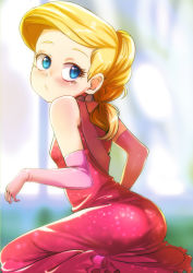 Rule 34 | 1girl, alternate hairstyle, ass, bare shoulders, blonde hair, blue eyes, blurry, blush, braid, breasts, child, closed mouth, cosplay, depth of field, dress, elbow gloves, eyebrows, eyelashes, female focus, from side, gloves, high heels, highres, jcm2, jewelry, lana loud, lola loud, lola loud (cosplay), long hair, looking at viewer, looking back, makeup, mascara, matching hair/eyes, necklace, nickelodeon, pearl necklace, pink dress, pink footwear, pink gloves, ponytail, pouty lips, shoes, sitting, solo, the loud house, yokozuwari