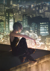 Rule 34 | 1girl, bare shoulders, belt, black eyes, black footwear, black pants, black tank top, blurry, blurry background, chainsaw man, champi, cigarette, city, city lights, cityscape, eyepatch, full body, grey hair, hair over one eye, highres, holding, holding cigarette, knee up, looking afar, low ponytail, night, on roof, one eye covered, outdoors, pants, quanxi (chainsaw man), shoes, short hair, short ponytail, sitting, smoke, solo, tank top
