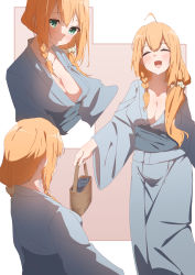 Rule 34 | 1girl, absurdres, ahoge, blush, braid, breasts, cleavage, closed eyes, closed mouth, hair over shoulder, highres, japanese clothes, kimono, large breasts, long hair, looking at viewer, multiple views, mushi hara, no bra, open mouth, orange hair, pecorine (princess connect!), princess connect!, smile, yukata