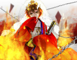 Rule 34 | 1girl, blurry, brown hair, chain, covered mouth, cowboy shot, crown, depth of field, diamond (shape), fire, gem, green eyes, hair between eyes, hand to own mouth, highres, itoko (i t k), japanese clothes, katana, kikumon, kimono, long sleeves, looking at viewer, meiko (vocaloid), orb, pelt, short hair, sleeves past fingers, sleeves past wrists, solo, sword, vocaloid, weapon