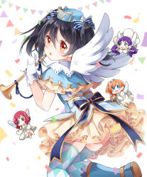 Rule 34 | 10s, :o, angel, angel wings, black hair, boots, bow, bunting, chibi, confetti, dress, frills, hair between eyes, hair bow, hat, horn (instrument), kosaka honoka, looking at viewer, looking back, love live!, love live! school idol festival, love live! school idol project, m/, mini person, minigirl, nishikino maki, one side up, orange hair, pennant, purple hair, red eyes, red hair, skirt, string of flags, striped, striped bow, thighhighs, tojo nozomi, twintails, wings, yazawa nico, yeni