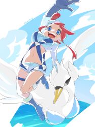 Rule 34 | 1girl, :d, absurdres, arm up, artist name, bird, blue eyes, blue footwear, blue gloves, blue shorts, blue sky, boots, breasts, cloud, creatures (company), cropped jacket, elbow gloves, game freak, gen 5 pokemon, gloves, hair bun, highres, knee boots, long hair, looking at viewer, medium breasts, midriff, navel, nintendo, open mouth, pokemon, pokemon (creature), pokemon bw, red hair, short shorts, shorts, single side bun, sky, skyla (pokemon), smile, solo, swan, swanna, teeth, thigh strap, thighs, upper teeth only, zetsuyo chimayo