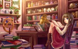 Rule 34 | 1girl, blue eyes, book, book stack, boots, brown footwear, brown hair, chair, clock, cup, desk, holding, holding book, hourglass, jar, long hair, looking at viewer, open book, original, painting (action), phonograph, plant, plate, potted plant, sitting, solo, steam, teacup, teiraa, watering can