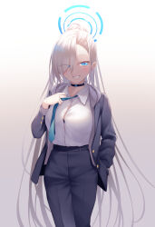 Rule 34 | 1girl, :d, adjusting clothes, adjusting necktie, alternate costume, asuna (blue archive), backlighting, belt, black pants, blue archive, blue eyes, business suit, button gap, buttoned cuffs, buttons, choker, collared shirt, commentary request, formal, gradient background, grey hair, hair over one eye, halo, hand in pocket, highres, long hair, long sleeves, looking at viewer, midorino eni, necktie, open mouth, pants, ponytail, shirt, sidelocks, simple background, smile, solo, suit, undone necktie, very long hair