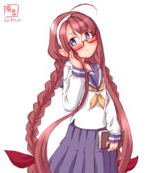 Rule 34 | 1girl, adjusting eyewear, ahoge, alternate costume, alternate hairstyle, bespectacled, blue eyes, blush, book, braid, brown hair, dated, glasses, hairband, highres, holding, holding book, kanon (kurogane knights), kantai collection, kawakaze (kancolle), looking at viewer, low twintails, pleated skirt, pointy ears, school uniform, serafuku, sketch, skirt, solo, twin braids, twintails