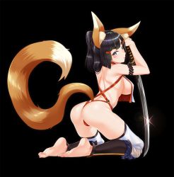 Rule 34 | 1girl, :o, animal ears, armlet, armpits, arms up, ass, back, bare back, bare shoulders, barefoot, black background, black hair, blunt bangs, blush, breasts, closed eyes, facial mark, feet, food, fox ears, fox tail, from behind, full body, glint, hair ornament, hairclip, halterneck, holding, holding food, kagiyama (clave), katana, kneeling, large breasts, leaning forward, lens flare, long hair, looking at viewer, looking back, original, parted bangs, revealing clothes, shin guards, shoulder blades, sideboob, simple background, solo, sword, tail, thick eyebrows, thighs, toes, weapon