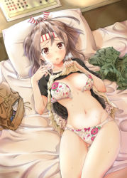 Rule 34 | 10s, 1girl, alternate costume, bag, bed, bed sheet, black skirt, blush, bow, bow panties, bra, breasts, brown eyes, brown hair, chestnut mouth, clothes lift, unworn clothes, collarbone, condom, condom box, crying, crying with eyes open, cushion, dress, dress lift, dutch angle, eyelashes, floral print, from above, groin, headband, high ponytail, highres, kantai collection, light brown hair, lips, long hair, looking at viewer, lying, medium breasts, navel, nervous, on back, on bed, open bra, open clothes, open mouth, panties, parted lips, pillow, ponytail, print bra, print panties, round teeth, sarfata, shirt lift, skindentation, skirt, solo, sweat, tareme, tears, teeth, underwear, white bra, white panties, zuihou (kancolle)