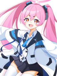 Rule 34 | 1girl, absurdres, black skirt, blue archive, blue necktie, blush stickers, collared shirt, fang, hair between eyes, halo, highres, jacket, koyuki (blue archive), long hair, necktie, open clothes, open jacket, open mouth, petako (ptpt k), pink eyes, pink hair, pink halo, pleated skirt, shirt, simple background, skin fang, skirt, smile, solo, thighhighs, two-sided fabric, two-sided jacket, white background, white jacket, white shirt, white thighhighs