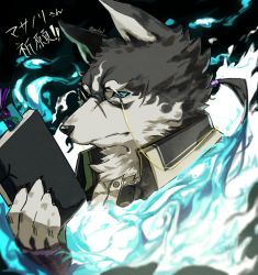 Rule 34 | 1boy, artist name, black-framed eyewear, black fur, black sclera, blue eyes, blue fire, body fur, book, bookmark, claws, colored sclera, commentary request, dog boy, eyewear strap, fire, furry, furry male, glasses, highres, holding, holding book, looking at viewer, male focus, masanori (housamo), pmlial, ponytail, portrait, scar, scar on face, slit pupils, snout, solo, tokyo houkago summoners, translation request, white fur