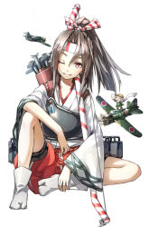 Rule 34 | 10s, 1girl, aircraft, airplane, benitama, blush, brown eyes, brown hair, damage control crew (kancolle), fairy (kancolle), hachimaki, hair ribbon, headband, japanese clothes, kantai collection, long hair, looking at viewer, muneate, one eye closed, personification, pilot, ponytail, ribbon, simple background, sitting, smile, solo focus, tabi, tenzan (kancolle), white background, wink, zuihou (kancolle)