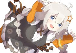 Rule 34 | 1girl, absurdres, ahoge, black dress, blue eyes, bracelet, braid, claw pose, commentary, dress, elbow gloves, falling, fingerless gloves, gloves, grey hair, hair ornament, highres, jewelry, kashisuover, kizuna akari, legs up, long hair, looking at viewer, open mouth, orange gloves, orange legwear, short sleeves, smile, solo, star (symbol), star hair ornament, twin braids, v-shaped eyebrows, very long hair, vocaloid, voiceroid, white background