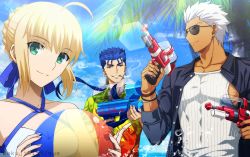 Rule 34 | 1girl, 2boys, akujiki59, archer (fate), archer (summer casual) (fate), artoria pendragon (fate), artoria pendragon (swimsuit archer) (fate), artoria pendragon (swimsuit archer) (first ascension) (fate), bikini, black-framed eyewear, blue hair, cigarette, covered abs, cu chulainn (fate), cu chulainn (fate/stay night), dark-skinned male, dark skin, fate/grand order, fate/stay night, fate (series), hawaiian shirt, holding, holding water gun, multiple boys, official alternate costume, official style, open clothes, open shirt, pectorals, ponytail, red eyes, shirt, short hair, smile, smoking, spiked hair, sunglasses, swimsuit, tank top, toned, toned male, upper body, water gun, white bikini, white hair, white tank top