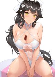 Rule 34 | 1girl, azur lane, black hair, blush, bow, breast hold, breasts, brown eyes, casual one-piece swimsuit, cleavage, criss-cross halter, eyelashes, flower, hair bow, hair flaps, hair flower, hair ornament, halterneck, heart-shaped food, large breasts, long hair, looking at viewer, mokyumokyuchan, one-piece swimsuit, ponytail, sitting, smile, solo, swimsuit, takao (azur lane), takao (beach rhapsody) (azur lane), very long hair, white bow, white one-piece swimsuit