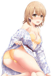 Rule 34 | 1girl, ass, bad id, bad twitter id, bare shoulders, barefoot, blush, bow, bow bra, bra, breasts, brown eyes, brown hair, collarbone, commentary request, floral print, flower, highres, inanaki shiki, isshiki iroha, japanese clothes, kimono, kneeling, long sleeves, medium hair, off shoulder, open mouth, panties, shiny skin, side-tie panties, simple background, small breasts, solo, thighs, underwear, white background, wide sleeves, yahari ore no seishun lovecome wa machigatteiru., yellow bra, yellow panties, yukata