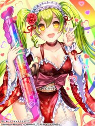 Rule 34 | 1girl, blush, breasts, character request, cleavage, detached sleeves, dress, esphy, flower, frills, garter belt, garter straps, green hair, hairband, headdress, heart, hen-shin-shou-jo metamol maiden, lolita fashion, lolita hairband, long hair, long sleeves, looking at viewer, open mouth, pencil, red dress, rose, smile, solo, thighhighs, twintails, v, wa lolita, white thighhighs, yellow eyes