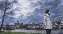 Rule 34 | 1girl, anbe yoshirou, bare tree, bird, black hair, bridge, church, city, cloud, coat, commentary, cowboy shot, day, france, grass, hands in pockets, highres, house, looking away, moret-sur-loing, original, real world location, river, scarf, scenery, short hair, signature, sky, solo, tree, water wheel, winter, winter clothes